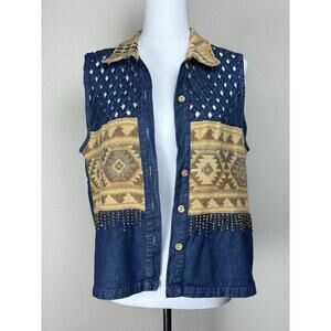 Vintage New Directions Denim Vest Sz M Fall Aztec Western Cowgirl Rodeo READ